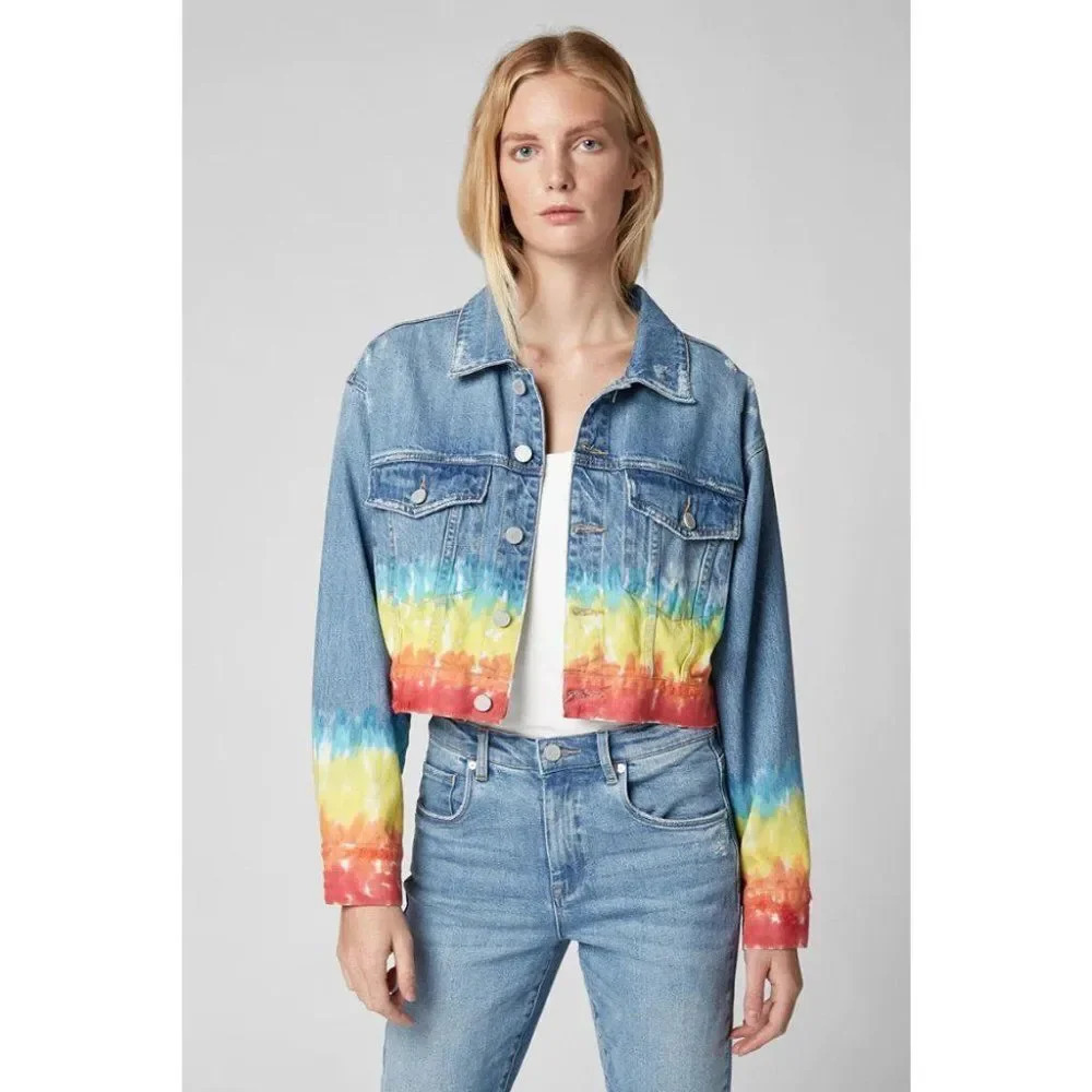 Blank Nyc Women's Multicolor Denim Cropped Rainbow Tie Die Jean Jacket S…